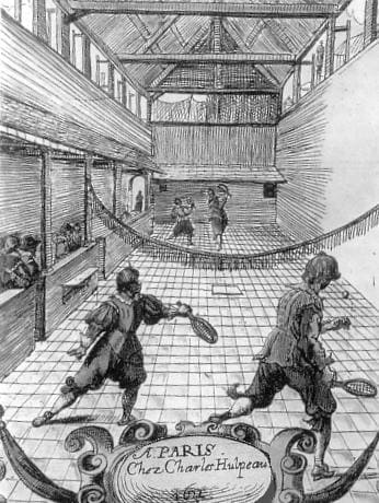 Gravure ancienne représentant une partie de jeu de paume
