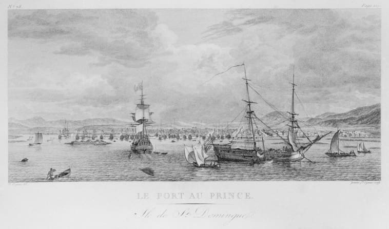 Vue d’un port colonial avec navires chargés de sucre et de café