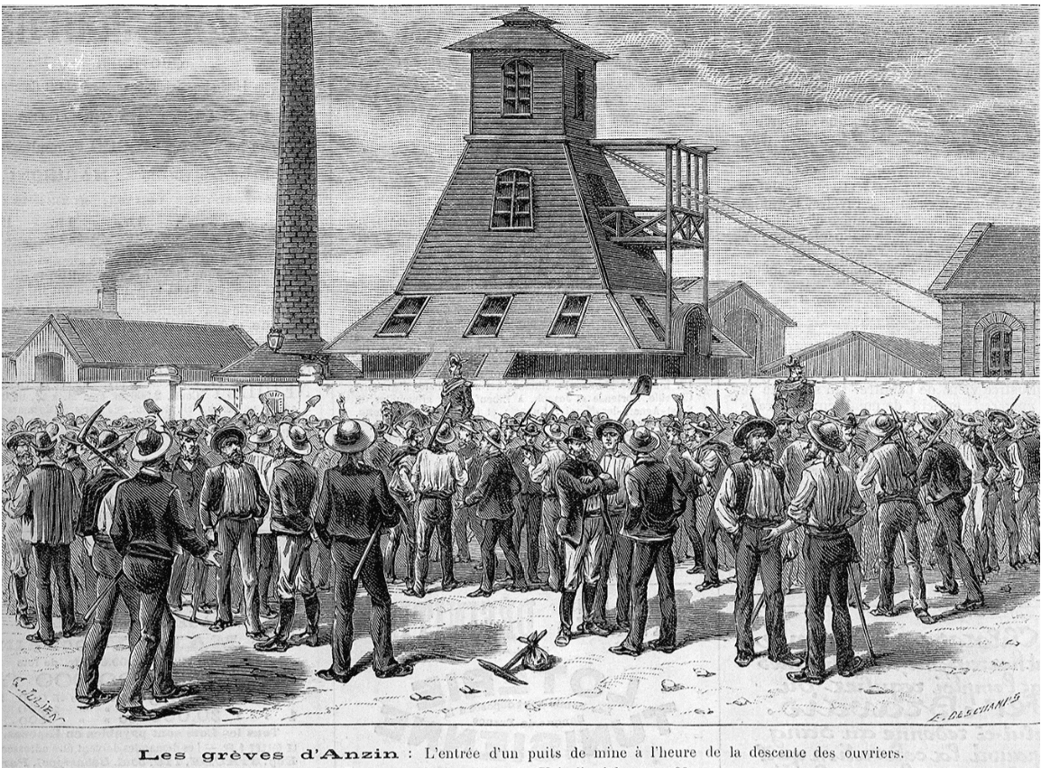 Dessin de presse : entrée d’un puits de mine pendant la grève d’Anzin (1884)