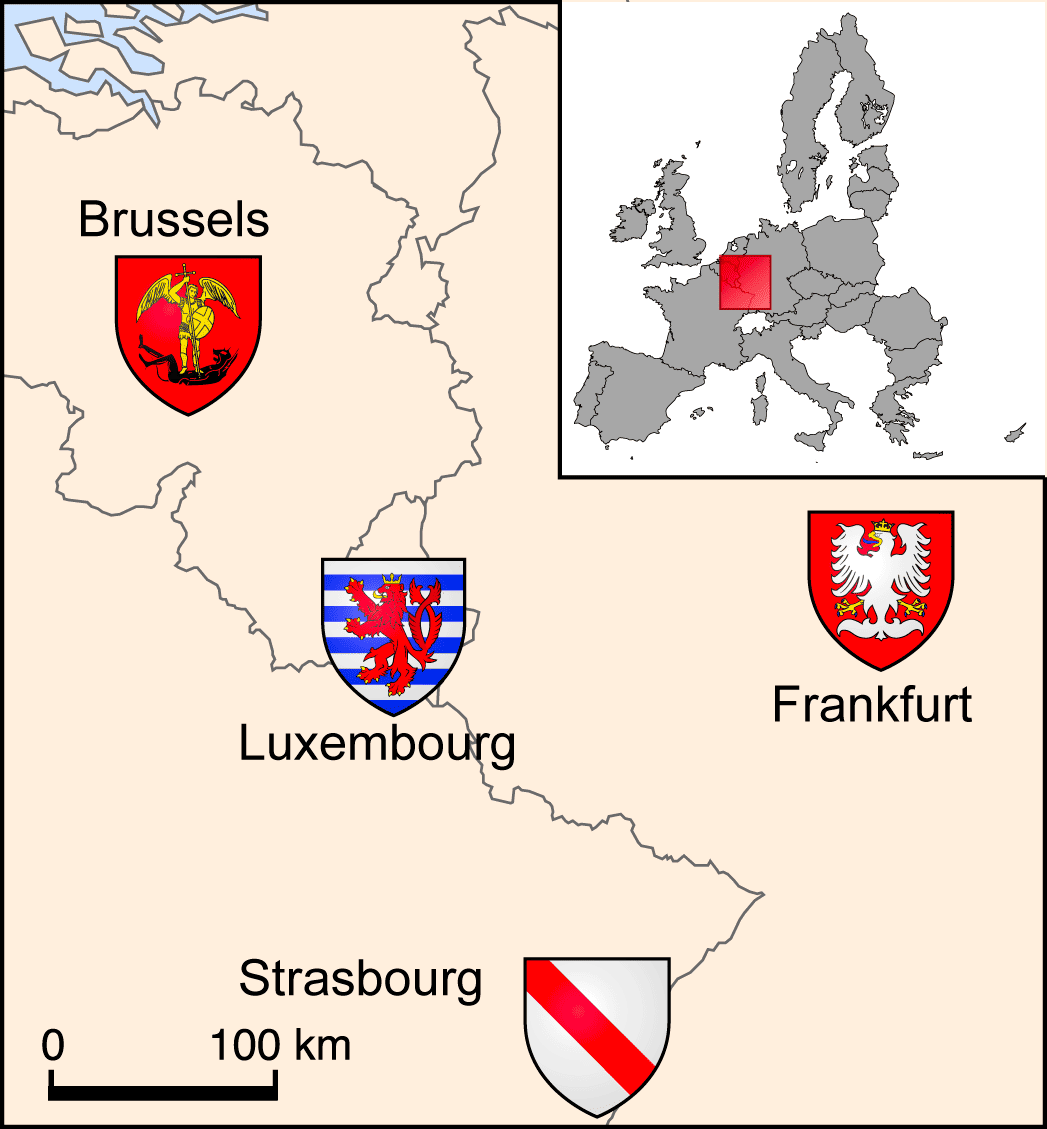 Carte indiquant l’emplacement des principales institutions de l’Union européenne : Bruxelles, Luxembourg, Strasbourg, Francfort