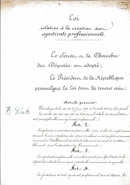 Page du Journal officiel : loi sur la création des syndicats professionnels (1884)
