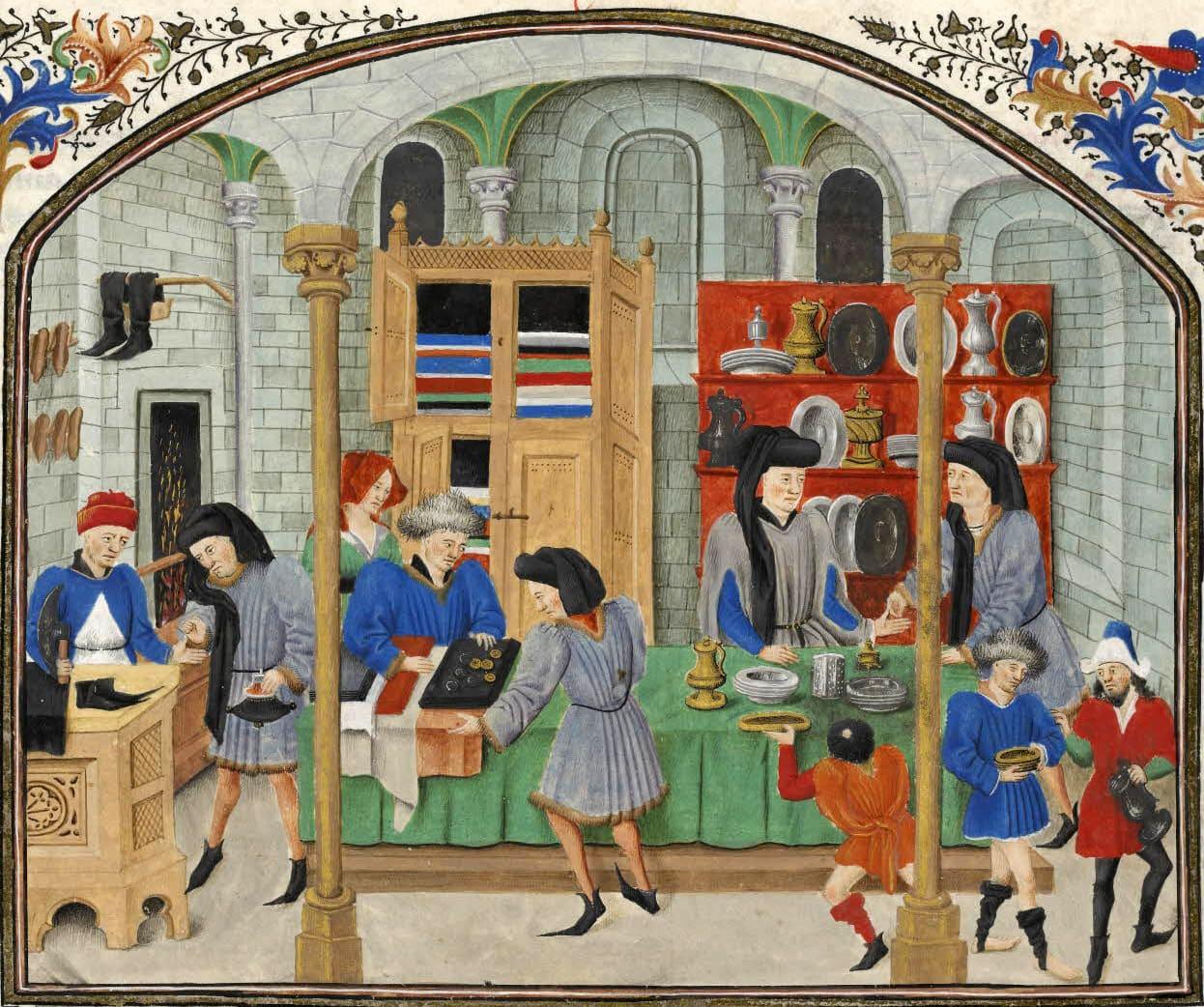 Marché en plein air avec étals et villageois en costumes médiévaux
