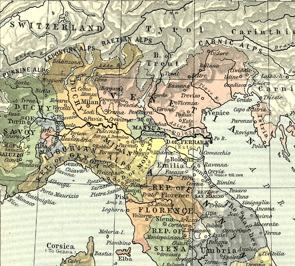 Carte politique de l’Italie du Nord en 1494, montrant les États et duchés avant les guerres d’Italie