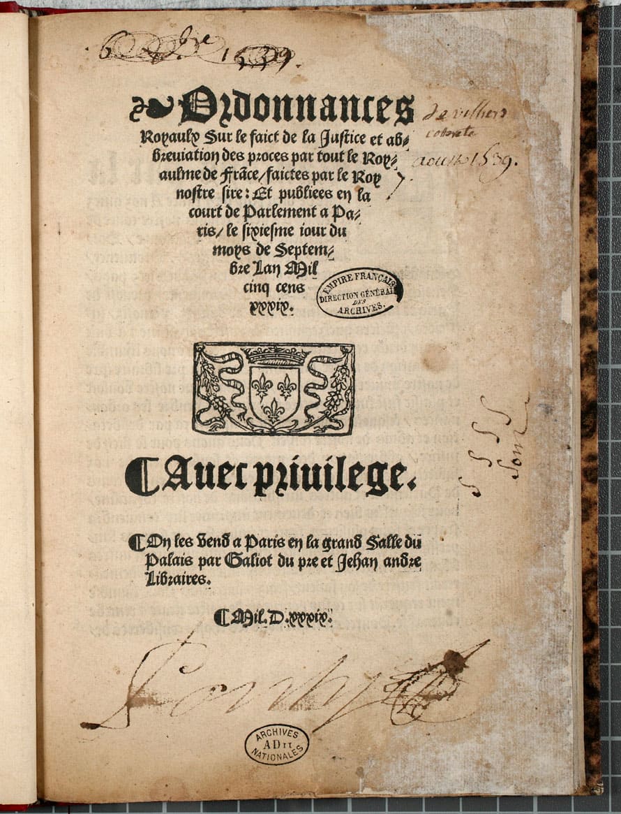 Première page originale de l’ordonnance de Villers-Cotterêts de 1539