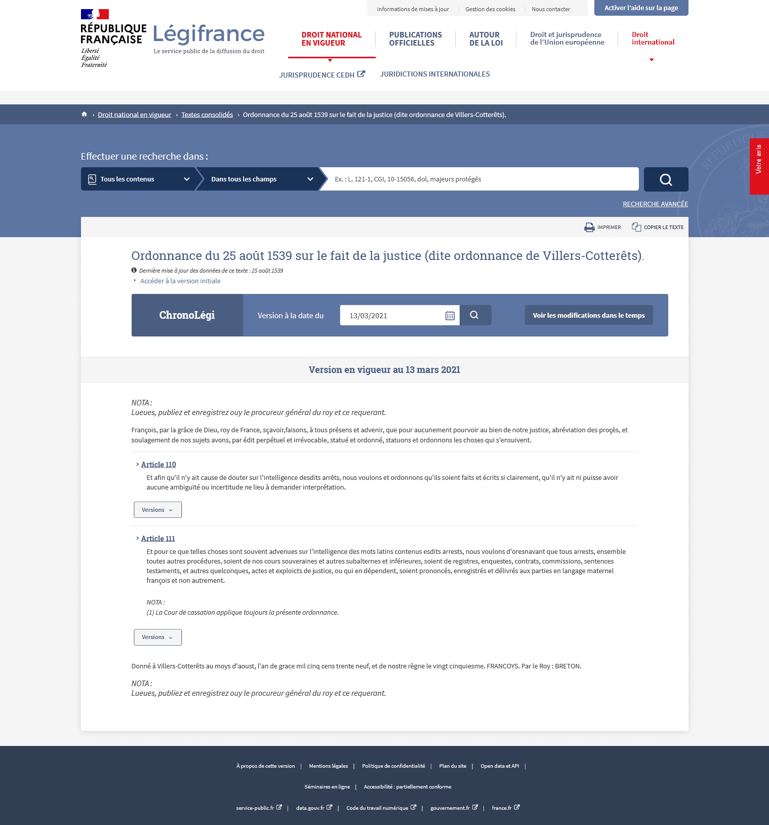 Texte modernisé de l’ordonnance de Villers-Cotterêts sur Légifrance