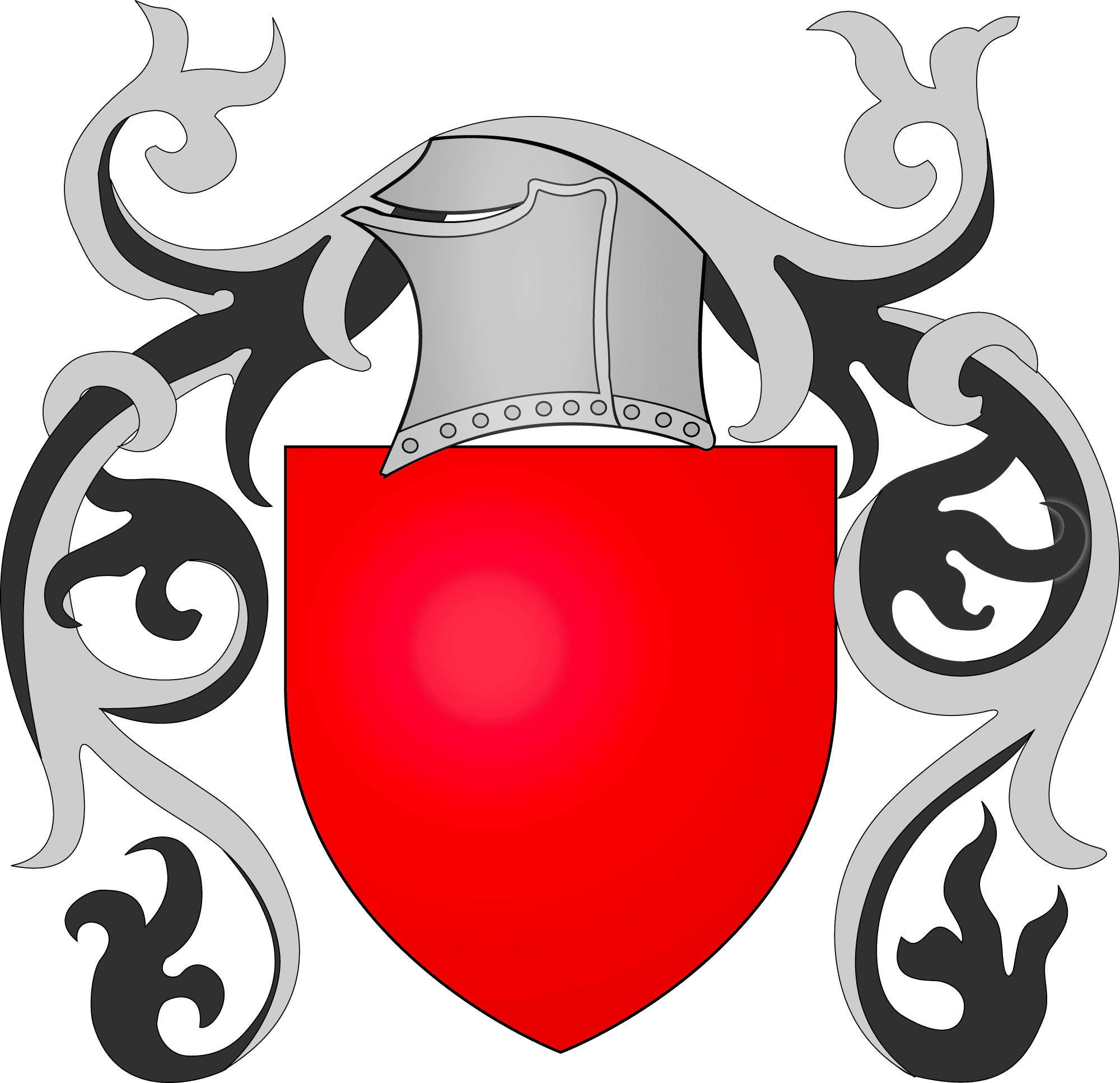 Écu rouge orné d’un heaume de chevalier et de motifs décoratifs médiévaux