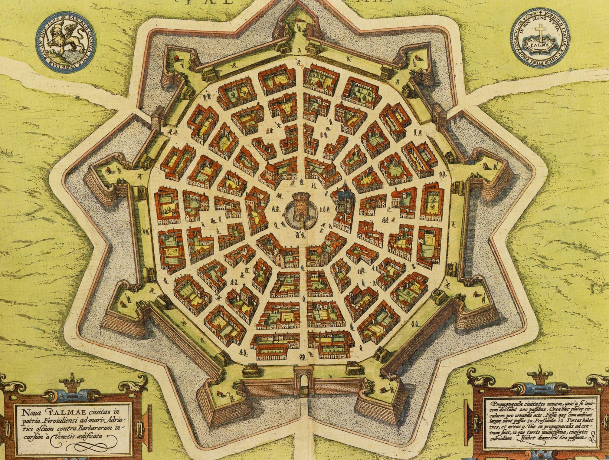 Plan en étoile de la ville fortifiée de Palmanova, exemple d’urbanisme militaire de la Renaissance.