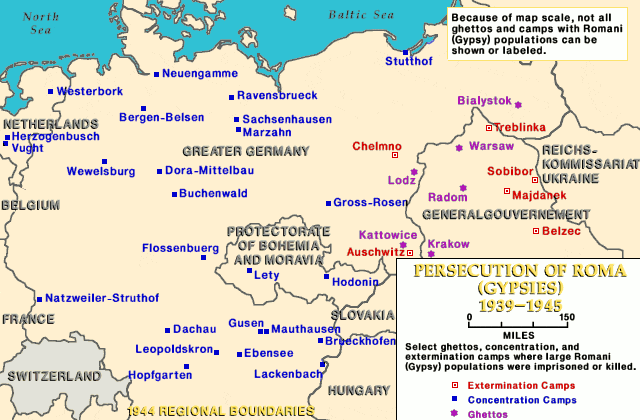Carte montrant les camps de concentration, camps d’extermination et ghettos ayant interné des populations roms
