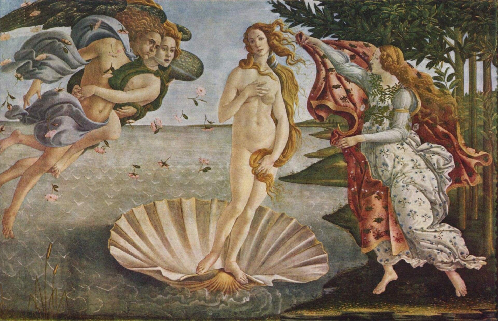 Peinture de Sandro Botticelli représentant Vénus nue se tenant sur une coquille, portée par les vagues, entourée de figures mythologiques, symbole de la Renaissance italienne.
