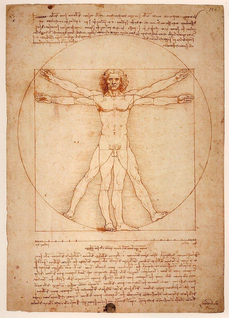 Dessin de Léonard de Vinci représentant un homme inscrit dans un cercle et un carré, symbole des proportions idéales à la Renaissance.