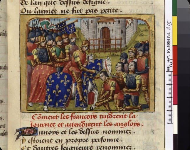 Enluminure médiévale représentant un adoubement collectif de chevaliers devant un château