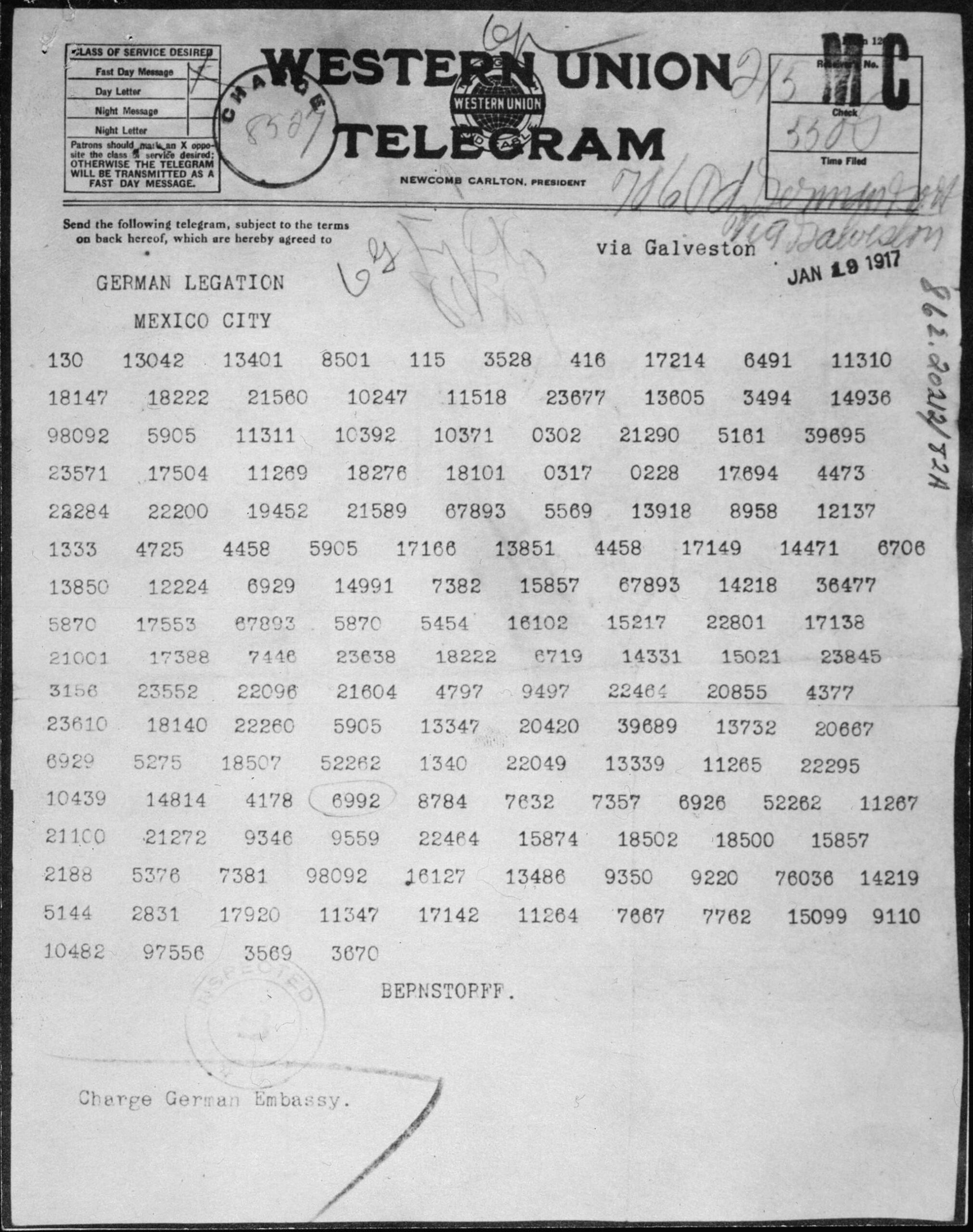 Télégramme diplomatique Zimmermann proposant une alliance au Mexique en 1917