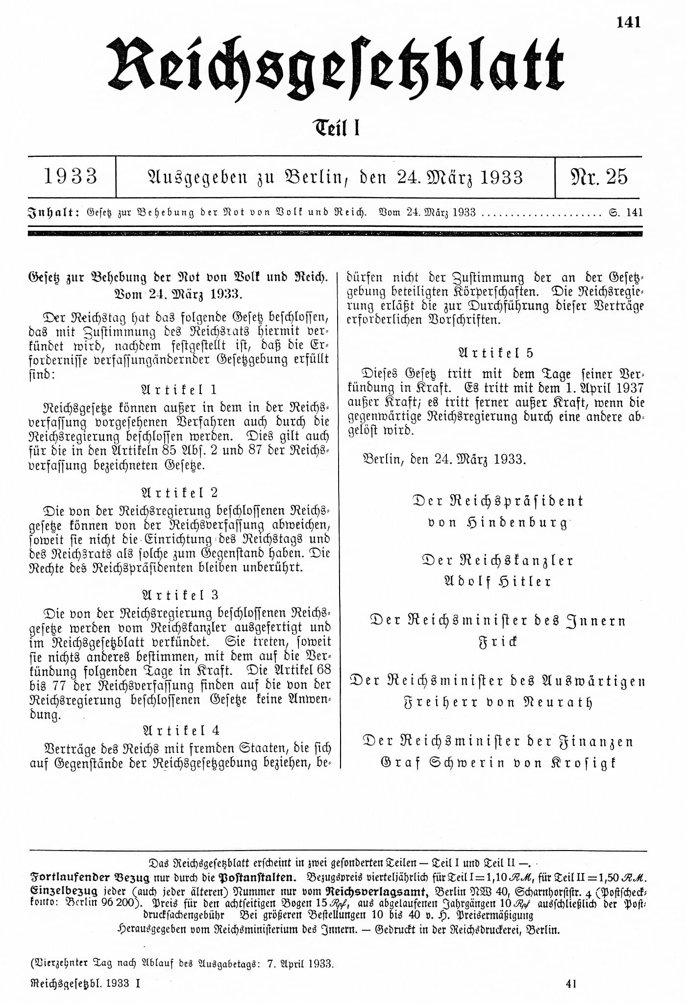 Hitler et le nazisme, texte de la loi des pleins pouvoirs