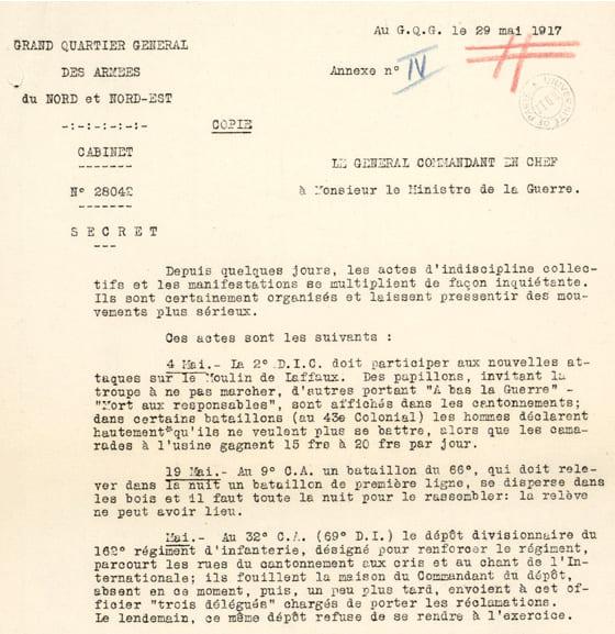 Lettre du général Pétain au ministre de la Guerre sur l’ampleur des mutineries, 29 mai 1917