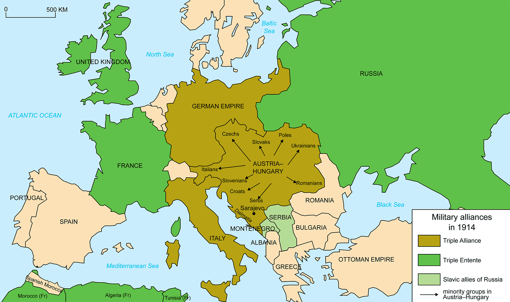 Carte des alliances militaires en Europe en 1914 (Triple Entente / Triple Alliance) — contexte de la Première Guerre mondiale.