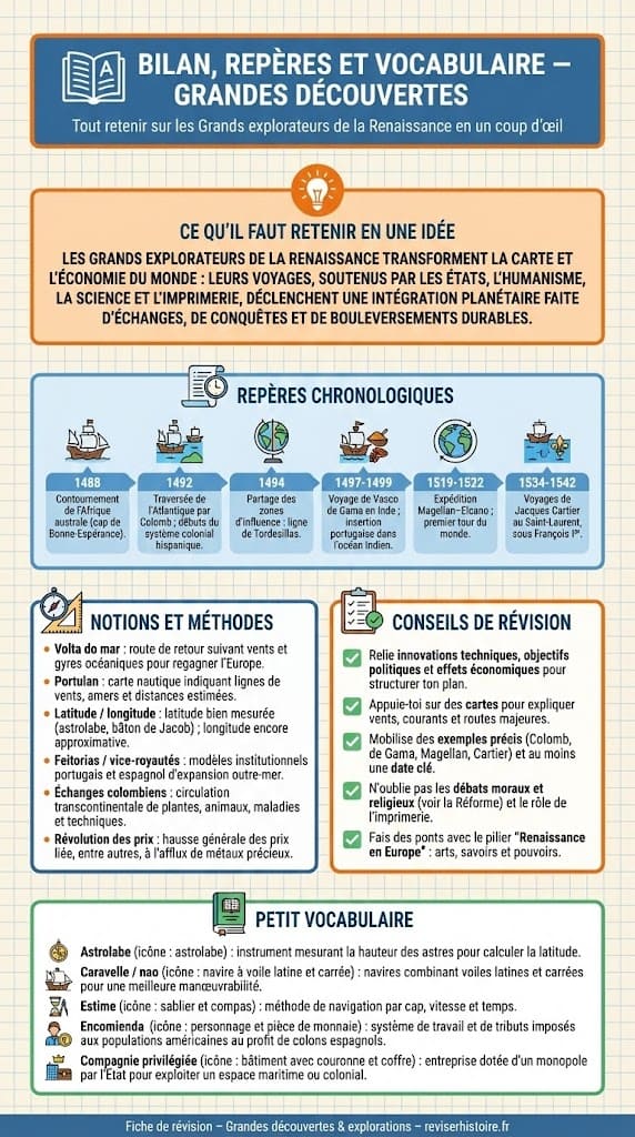 Fiche de révision complète pour le bac incluant une frise chronologique (1488-1542), les définitions clés (astrolabe, encomienda, portulan) et des conseils méthodologiques.
