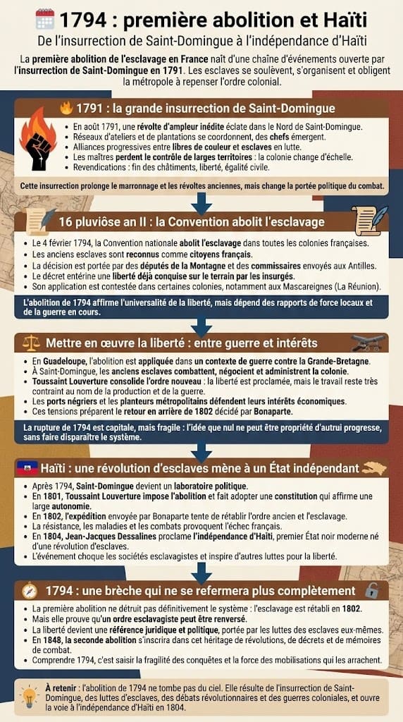 Infographie retraçant la chaîne d’événements de l’insurrection de Saint-Domingue en 1791 à la première abolition de l’esclavage en 1794, jusqu’à l’indépendance d’Haïti en 1804, avec frise chronologique et repères clés.