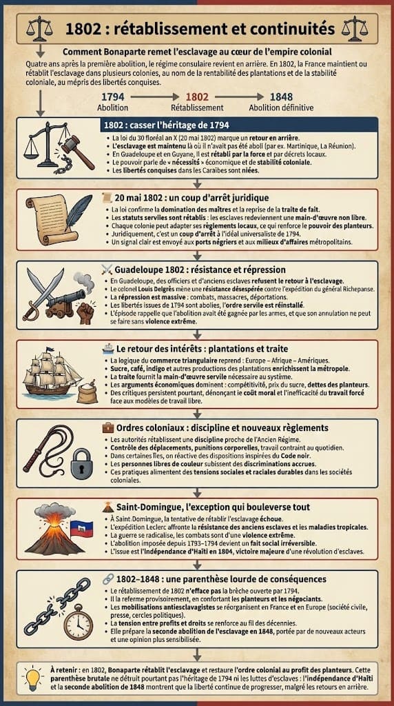 Infographie expliquant le rétablissement de l’esclavage par Bonaparte en 1802, la répression en Guadeloupe, le retour du commerce triangulaire et la persistance des ordres coloniaux, avec focus sur l’exception de Saint-Domingue.