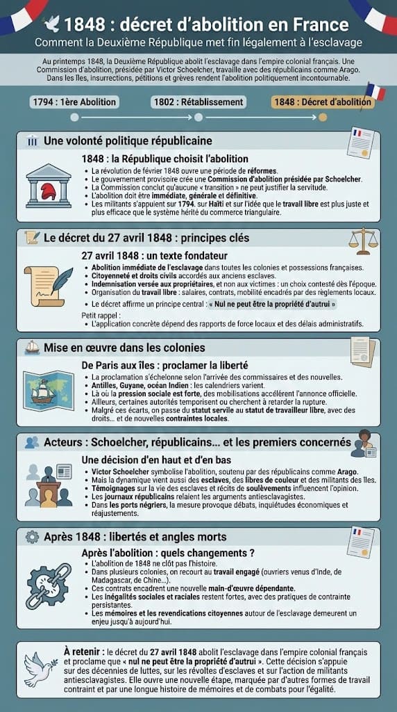 Infographie présentant la décision de la Deuxième République d’abolir l’esclavage en 1848, le rôle de Victor Schoelcher et de la Commission d’abolition, les principes du décret et ses modalités d’application dans les colonies françaises.