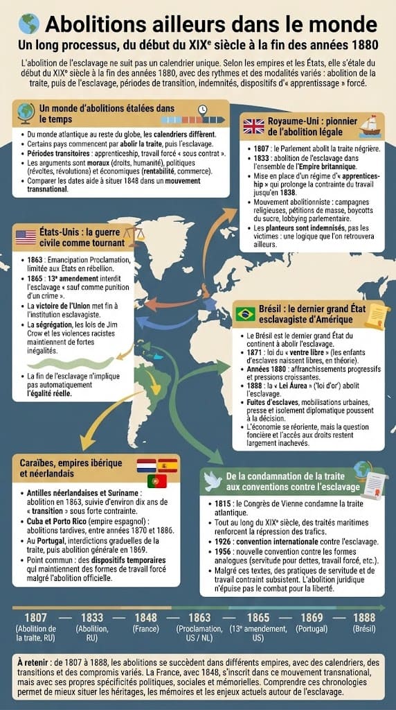 Infographie comparant les principales dates d’abolition de la traite et de l’esclavage dans le monde (Royaume-Uni, États-Unis, Brésil, empires ibérique et néerlandais) avec frise chronologique et carte synthétique.
