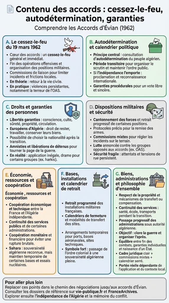 Infographie détaillant les principaux volets des Accords d’Évian, du cessez-le-feu du 19 mars 1962 à l’autodétermination, aux droits et garanties des personnes et aux dispositions de coopération entre la France et l’Algérie.