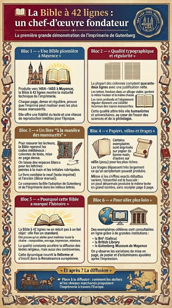 Infographie présentant la Bible à 42 lignes de Gutenberg, sa mise en page régulière, la qualité typographique, l’alliance entre décor médiéval et texte imprimé, ainsi que son rôle fondateur dans l’histoire du livre.