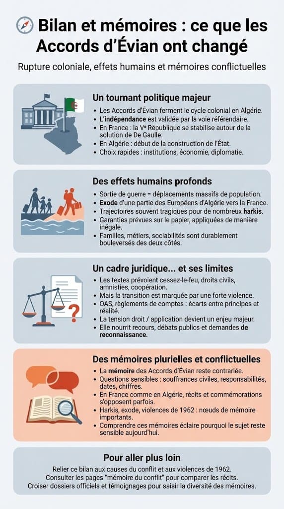 Infographie analysant le bilan politique et humain des Accords d’Évian, leurs limites juridiques et les mémoires multiples et conflictuelles en France et en Algérie autour de la guerre d’Algérie.