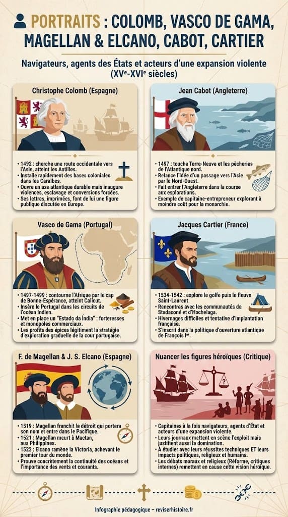 Biographies illustrées des explorateurs majeurs (Christophe Colomb, Vasco de Gama, Magellan, Jacques Cartier, Jean Cabot) avec une section critique nuançant la vision héroïque traditionnelle.
