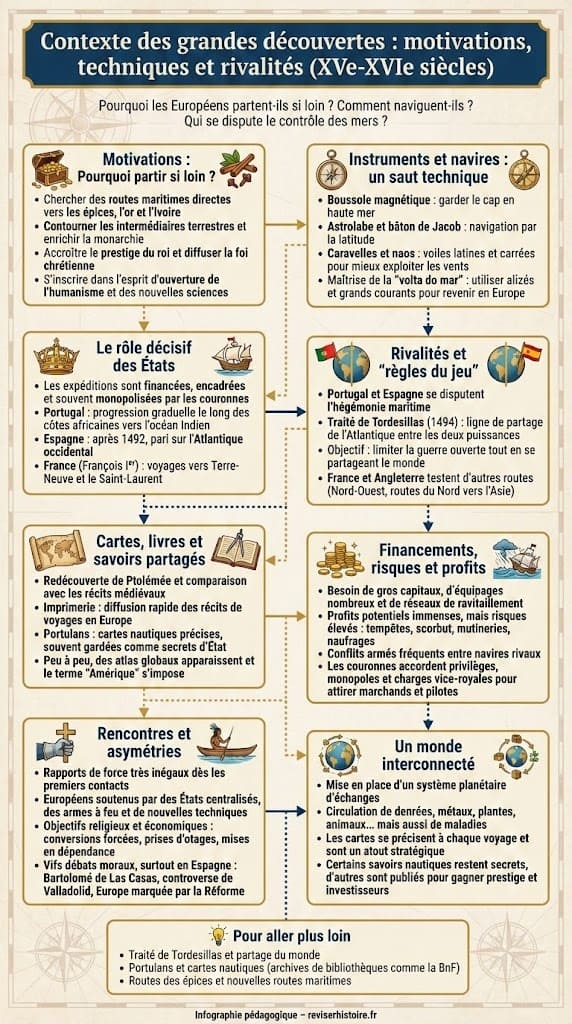 Infographie expliquant les causes du départ des Européens : recherche d'épices, rôle décisif des États, progrès techniques (boussole, caravelle) et financement des expéditions.