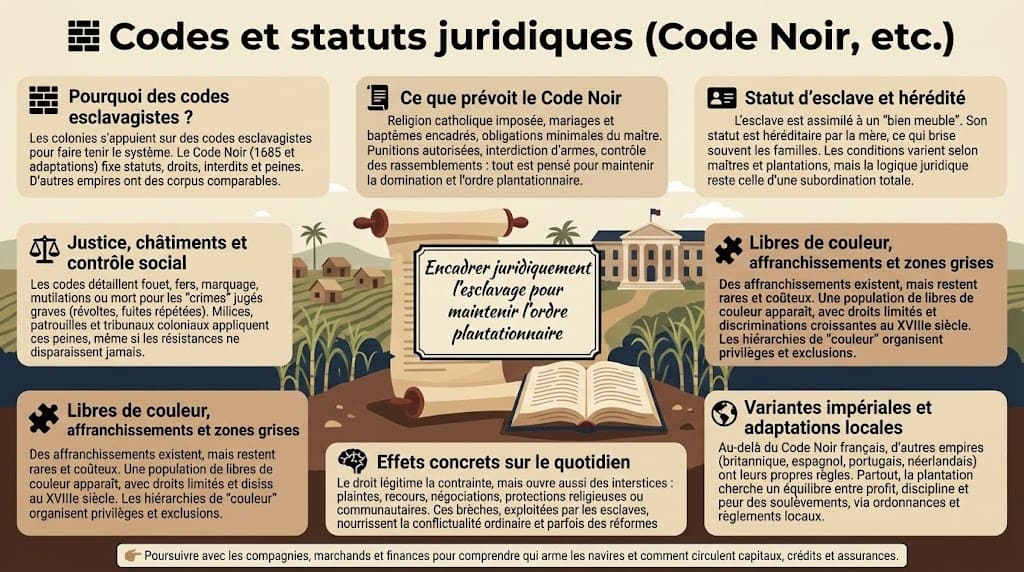 Infographie présentant le Code Noir et d’autres codes esclavagistes, leurs dispositions sur le statut servile, les châtiments, la hérédité de l’esclavage et le contrôle social.