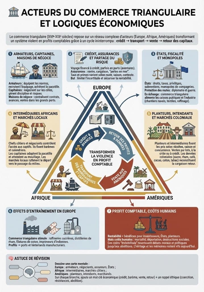 Infographie présentant les principaux acteurs du commerce triangulaire : armateurs, capitaines, négociants, assureurs, États, intermédiaires africains et planteurs américains — et le cycle économique crédit–transport–vente–retour qui transforme la traite en profits.