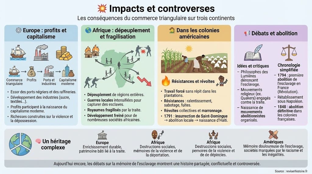 Infographie synthétique présentant les impacts économiques, sociaux et politiques du commerce triangulaire en Europe, en Afrique et dans les Amériques, ainsi que les débats abolitionnistes et mémoriels.