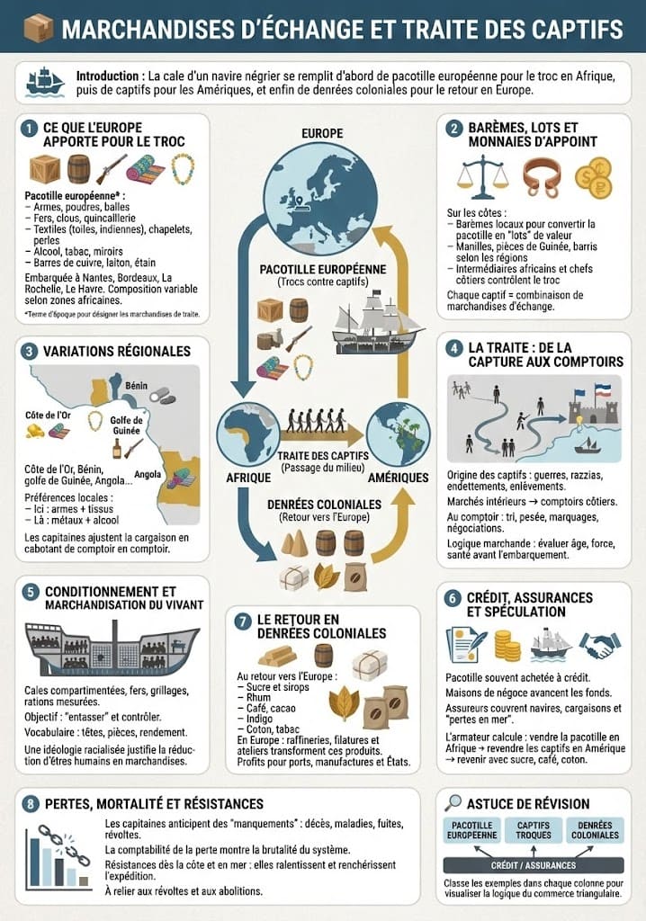 Infographie détaillant les marchandises européennes de traite (armes, textiles, alcool, métaux), les mécanismes de troc sur les côtes africaines, la transformation des captifs en « valeurs d’échange » et le retour en denrées coloniales dans le cadre du commerce triangulaire.