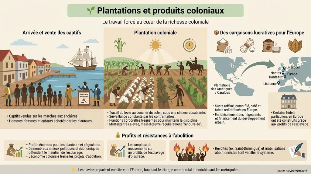 Infographie montrant le travail forcé des esclaves dans les plantations de sucre, café, coton et tabac aux Amériques, et le rôle de ces produits coloniaux dans l’économie atlantique.