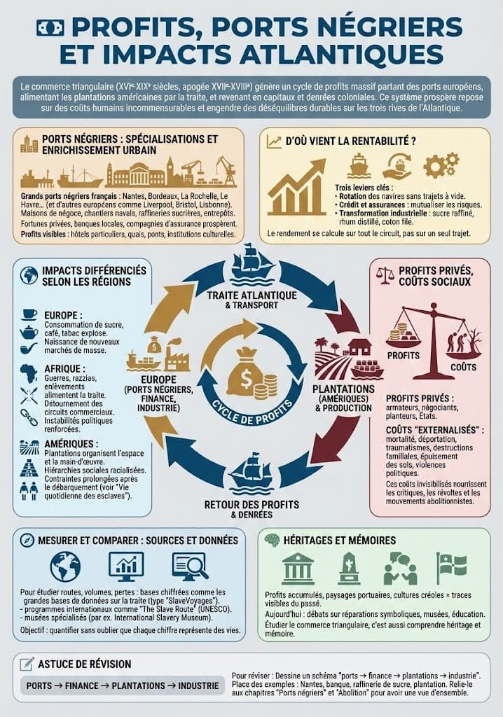 Infographie expliquant comment le commerce triangulaire enrichit les ports négriers européens, alimente la finance et l’industrie, tout en produisant des coûts humains massifs et des déséquilibres durables entre Europe, Afrique et Amériques.