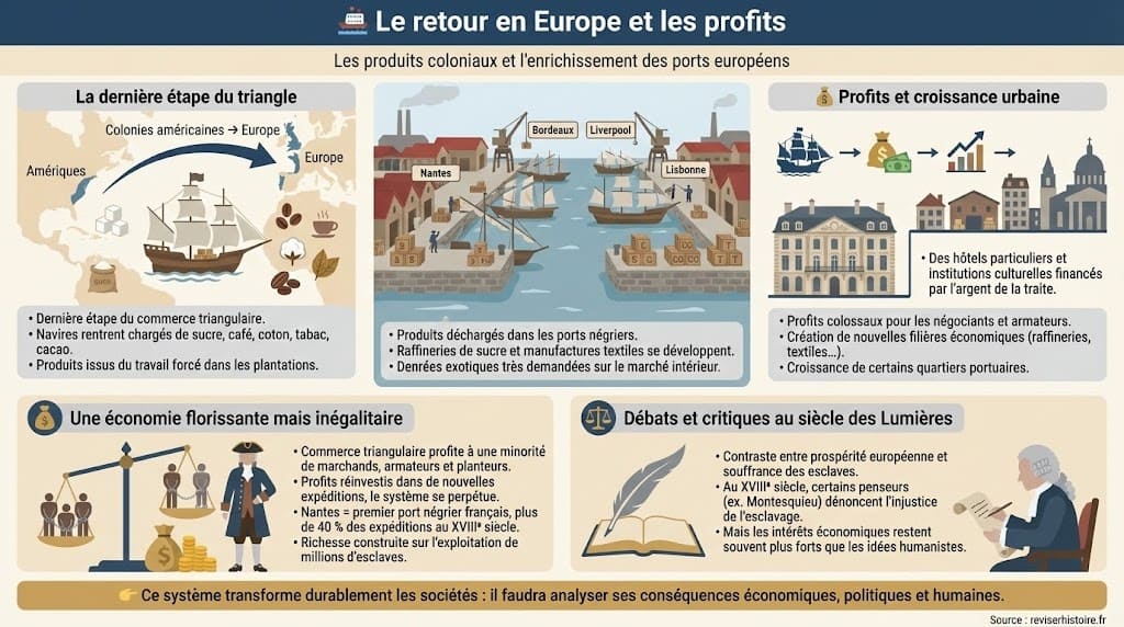 Infographie illustrant le retour des navires négriers vers les ports européens, chargés de produits coloniaux, et les profits réalisés par les négociants grâce au commerce triangulaire.