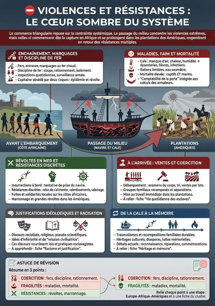 Infographie montrant les violences structurelles du commerce triangulaire — fers, discipline, maladies, mortalité pendant le passage du milieu et dans les plantations, ainsi que les différentes formes de résistances, des révoltes en mer au marronnage.