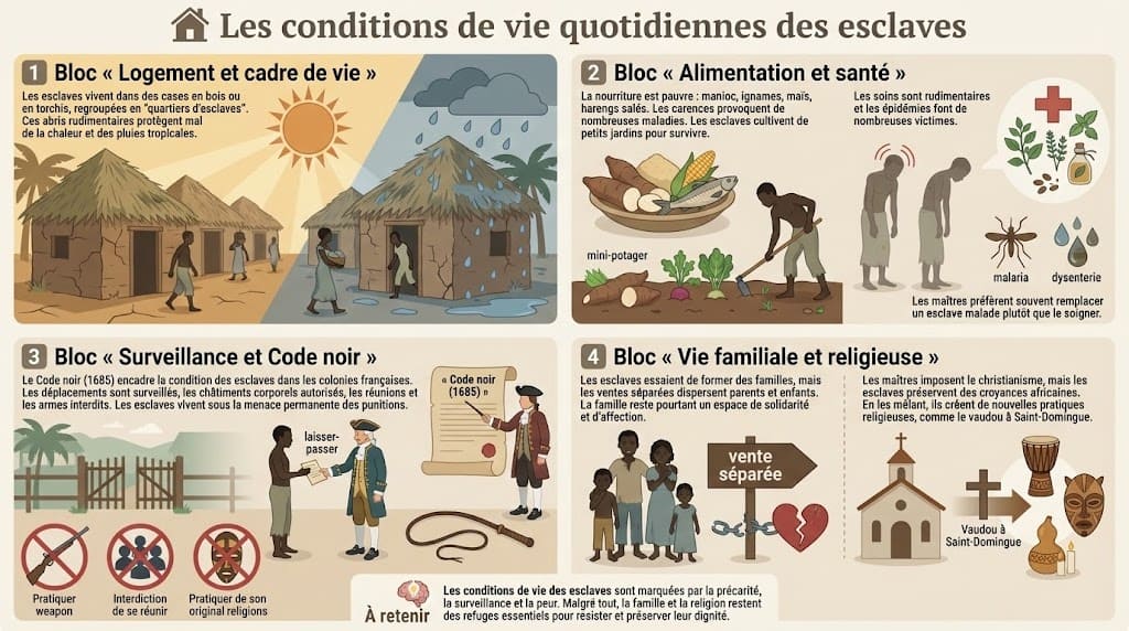 Infographie illustrant les conditions de vie des esclaves dans les colonies : cases en bois ou torchis, alimentation pauvre, maladies, surveillance permanente par le Code noir et fragilité de la vie familiale et religieuse.