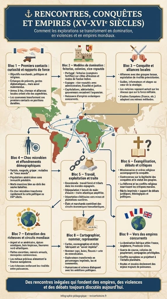 Schéma explicatif montrant comment les explorations se transforment en domination : choc microbien, esclavage (traite atlantique), évangélisation forcée et rivalités impériales.