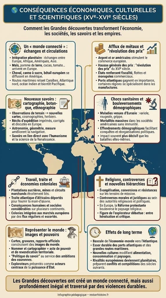 Infographie détaillant les impacts globaux des explorations : monde connecté, révolution des prix, échanges colombiens, choc microbien et nouvelles hiérarchies.