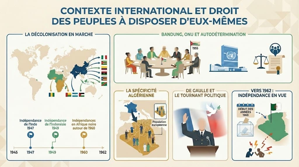 Infographie expliquant le contexte international de la décolonisation dans les années 1950-1960, la conférence de Bandung, le rôle de l’ONU et le droit des peuples à disposer d’eux-mêmes, replacés dans l’indépendance de l’Algérie en 1962.