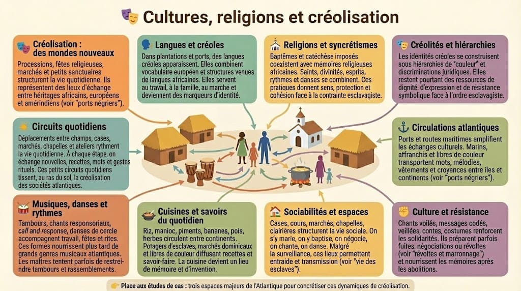 Infographie illustrant la créolisation des langues, religions, musiques, cuisines et sociabilités dans les sociétés esclavagistes et post-esclavagistes de l’Atlantique.