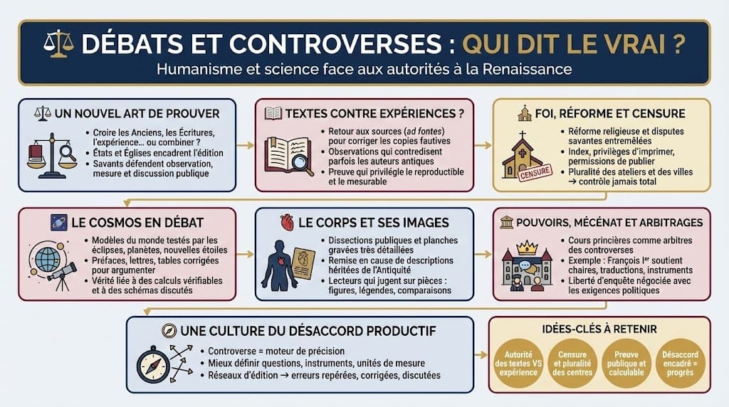 Infographie sur les débats entre textes anciens, Écritures et expériences, montrant le rôle de la Réforme, de la censure, des controverses cosmologiques et anatomiques dans la définition de la preuve.