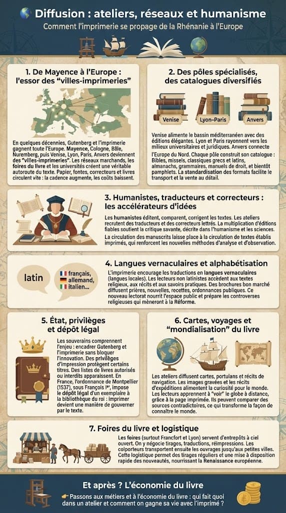 Infographie illustrant la diffusion de l’imprimerie de la Rhénanie vers l’Europe, avec les villes-imprimeries, les réseaux marchands, les foires du livre, les humanistes et le rôle des langues vernaculaires dans la circulation des idées.