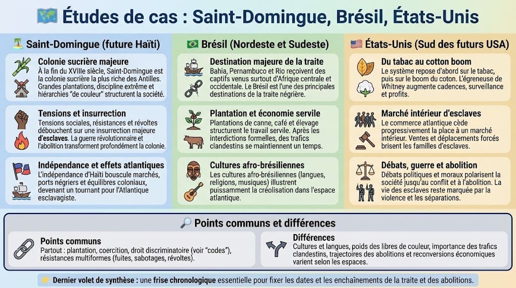 Infographie comparant trois grands espaces esclavagistes atlantiques – Saint-Domingue, Brésil, Sud des États-Unis – autour des plantations, des résistances et des trajectoires d’abolition.