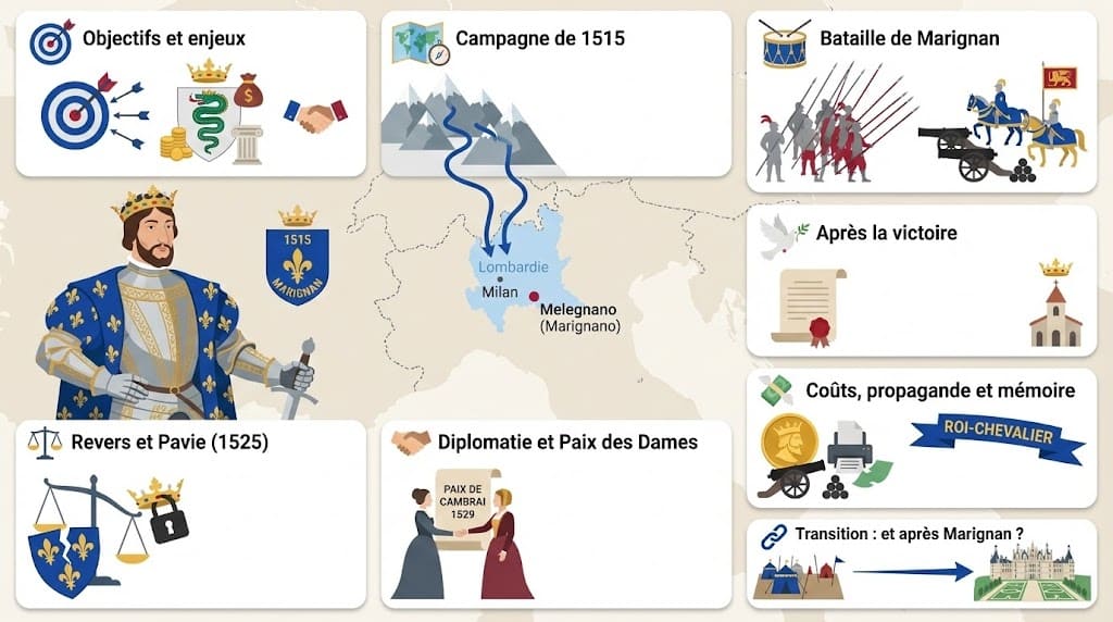 Infographie expliquant la campagne de 1515, la bataille de Marignan entre troupes françaises et piquiers suisses, les alliances en Italie et les conséquences diplomatiques pour le règne de François Ier.