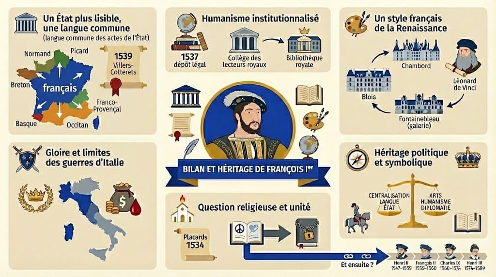Infographie synthétique résumant l’héritage de François Ier : centralisation administrative, affirmation de la langue française, humanisme institutionnalisé, style artistique de la Renaissance française et limites des guerres d’Italie.