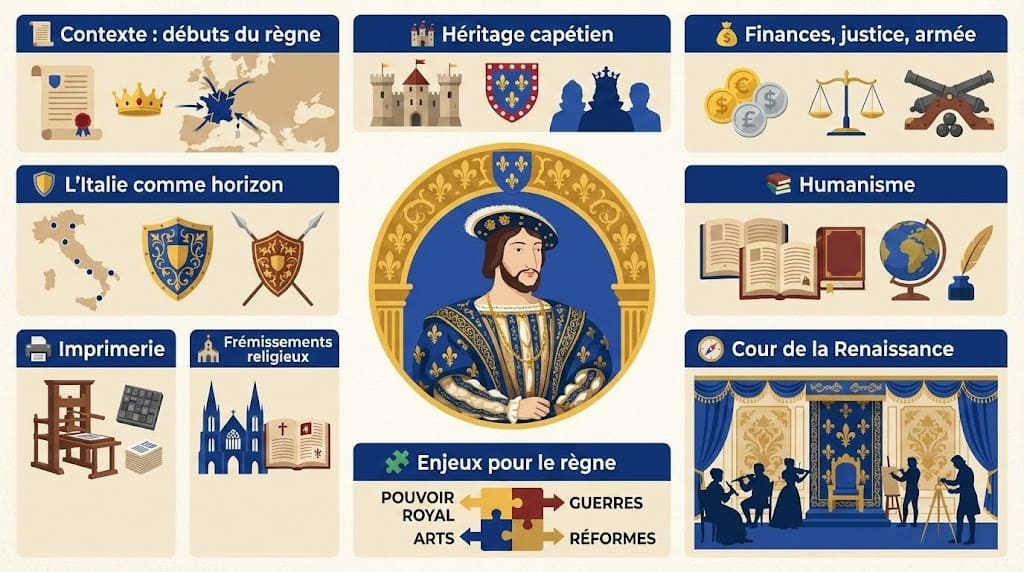 Infographie retraçant le contexte des débuts du règne de François Ier en 1515, son héritage capétien, ses ambitions en Italie et la place de l’humanisme et de l’imprimerie dans la France de la Renaissance.