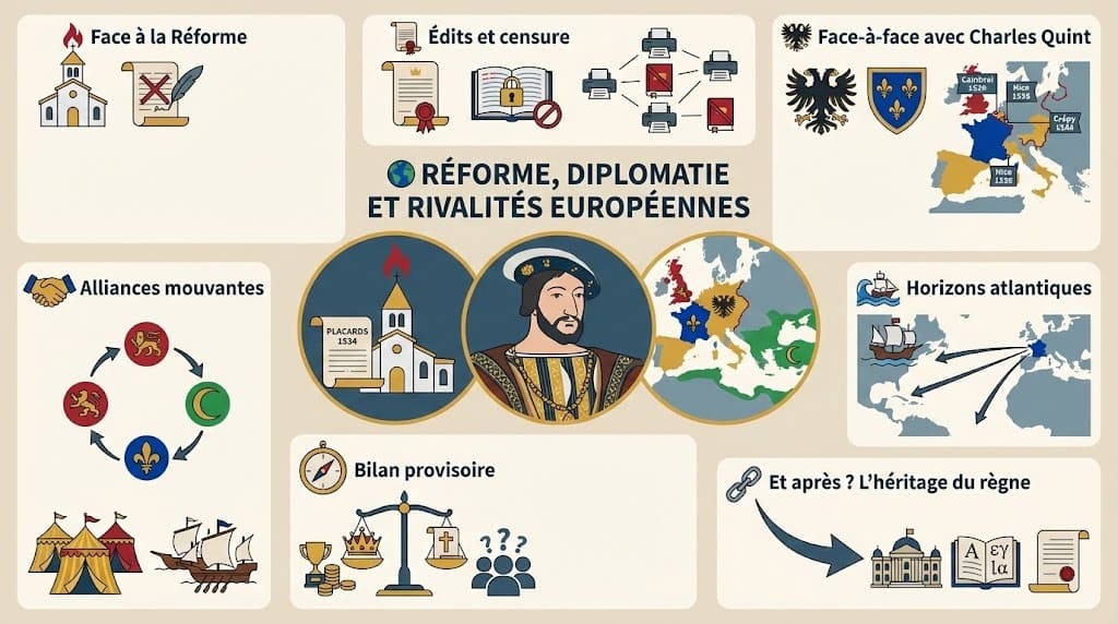 Infographie présentant la politique religieuse de François Ier face à la Réforme, l’affaire des Placards, la rivalité avec Charles Quint, les alliances avec l’Angleterre et l’Empire ottoman, ainsi que les nouveaux horizons atlantiques.