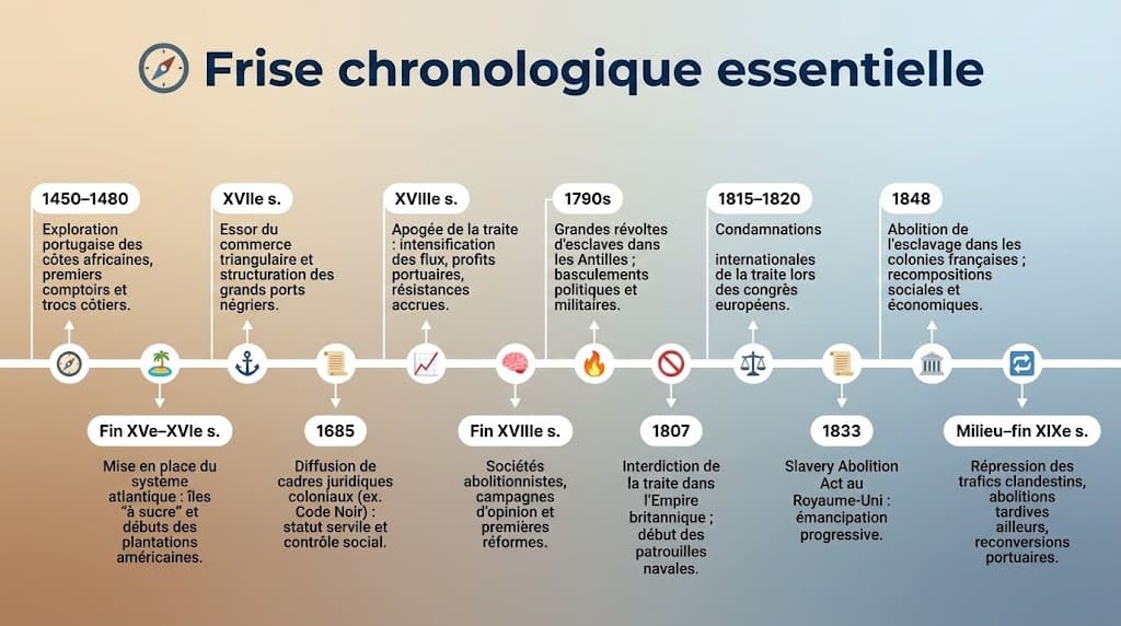Infographie en frise chronologique retraçant les grandes étapes de la traite négrière atlantique et des abolitions, de l’exploration portugaise au XVe siècle aux reconversions portuaires du XIXe siècle.